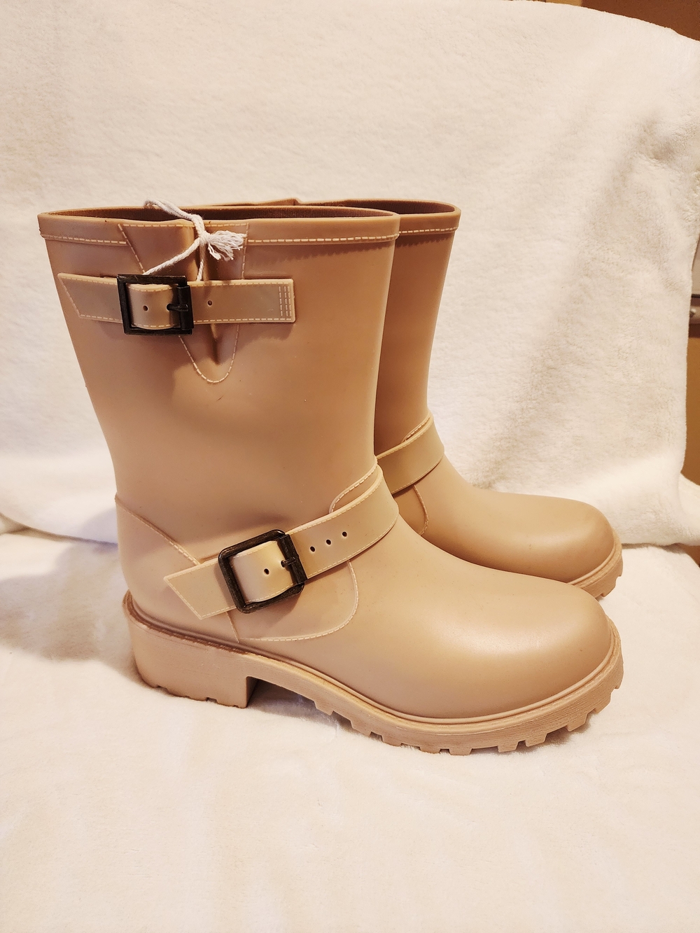 Serra Beige Mid-Calf Rain Boots with Buckle Straps